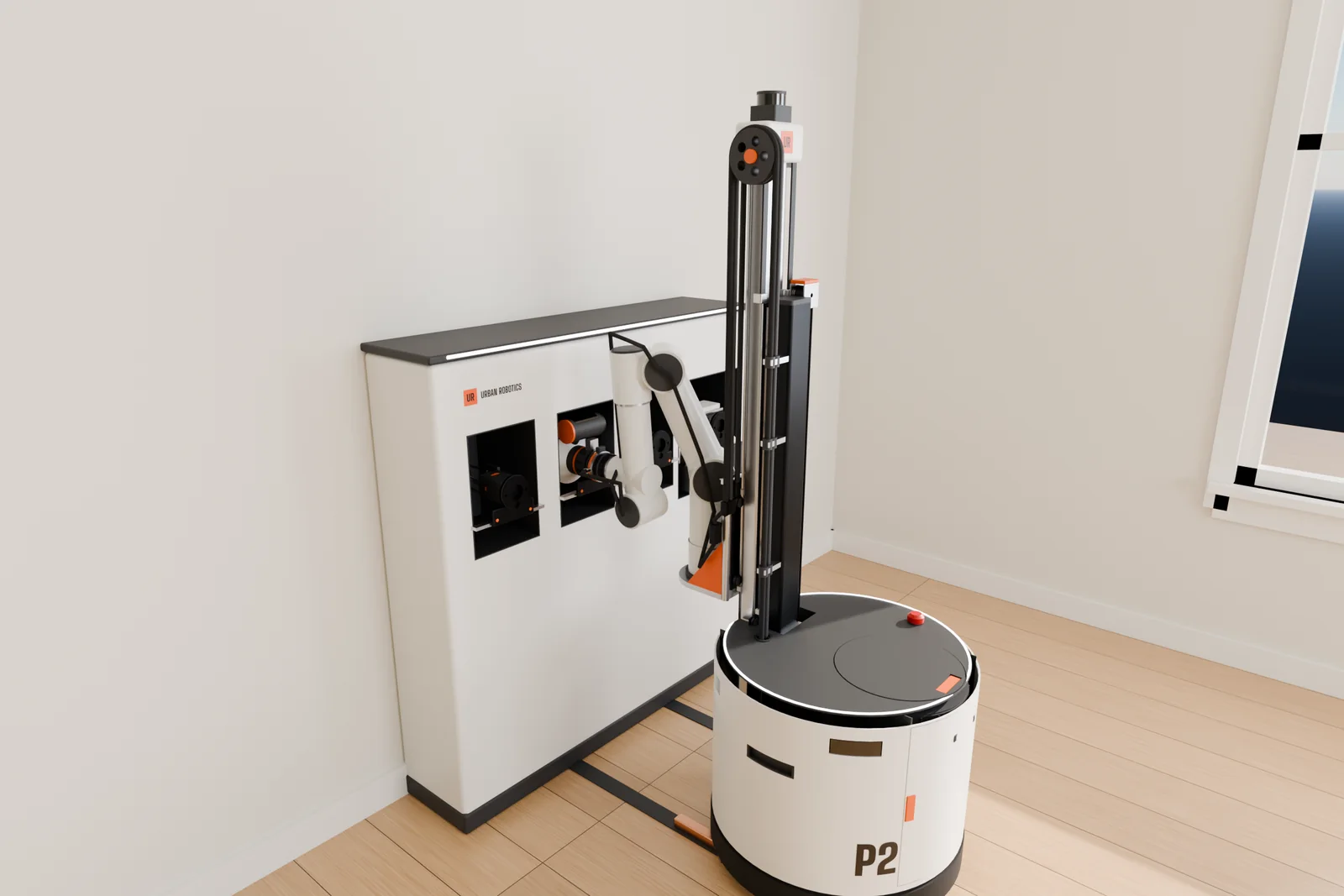 CAD rendering of P2 backed up to its dock, a white cabinet against the wall with four tool bays and the Urban Robotics logo above them. The arm reaches into one of the bays.