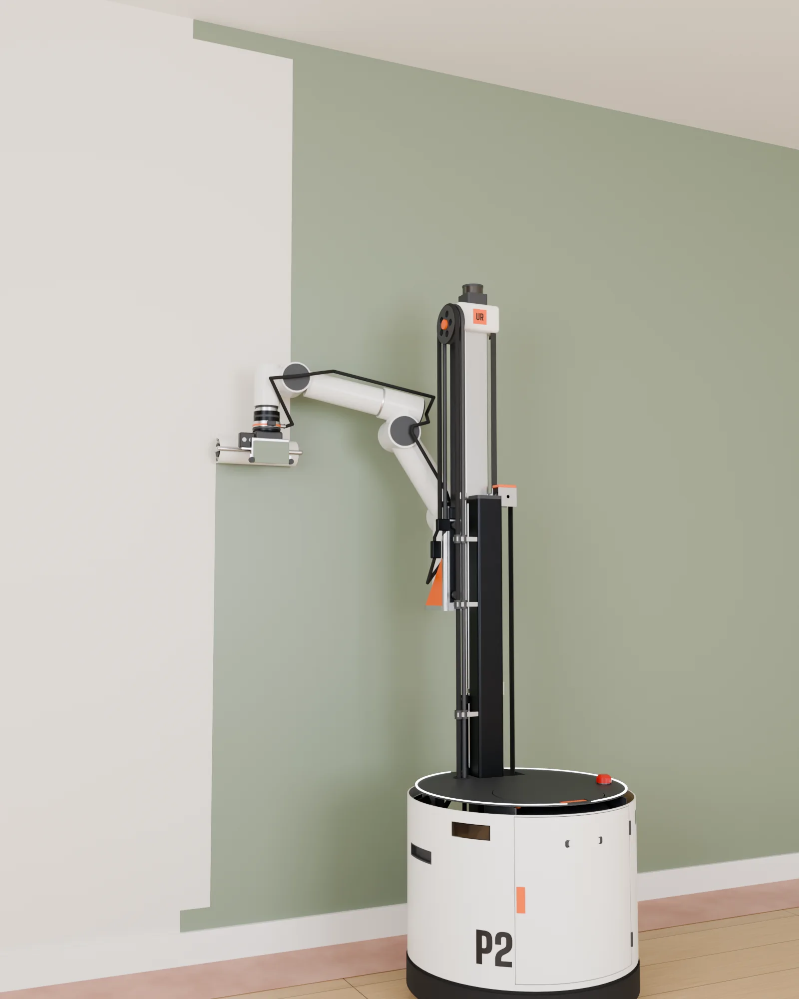 CAD rendering of P2 in an empty bedroom, its arm reaching up to roll sage green paint onto a white wall. Half of the wall is painted, and the ceiling and baseboard lines of the next panel are already cut.