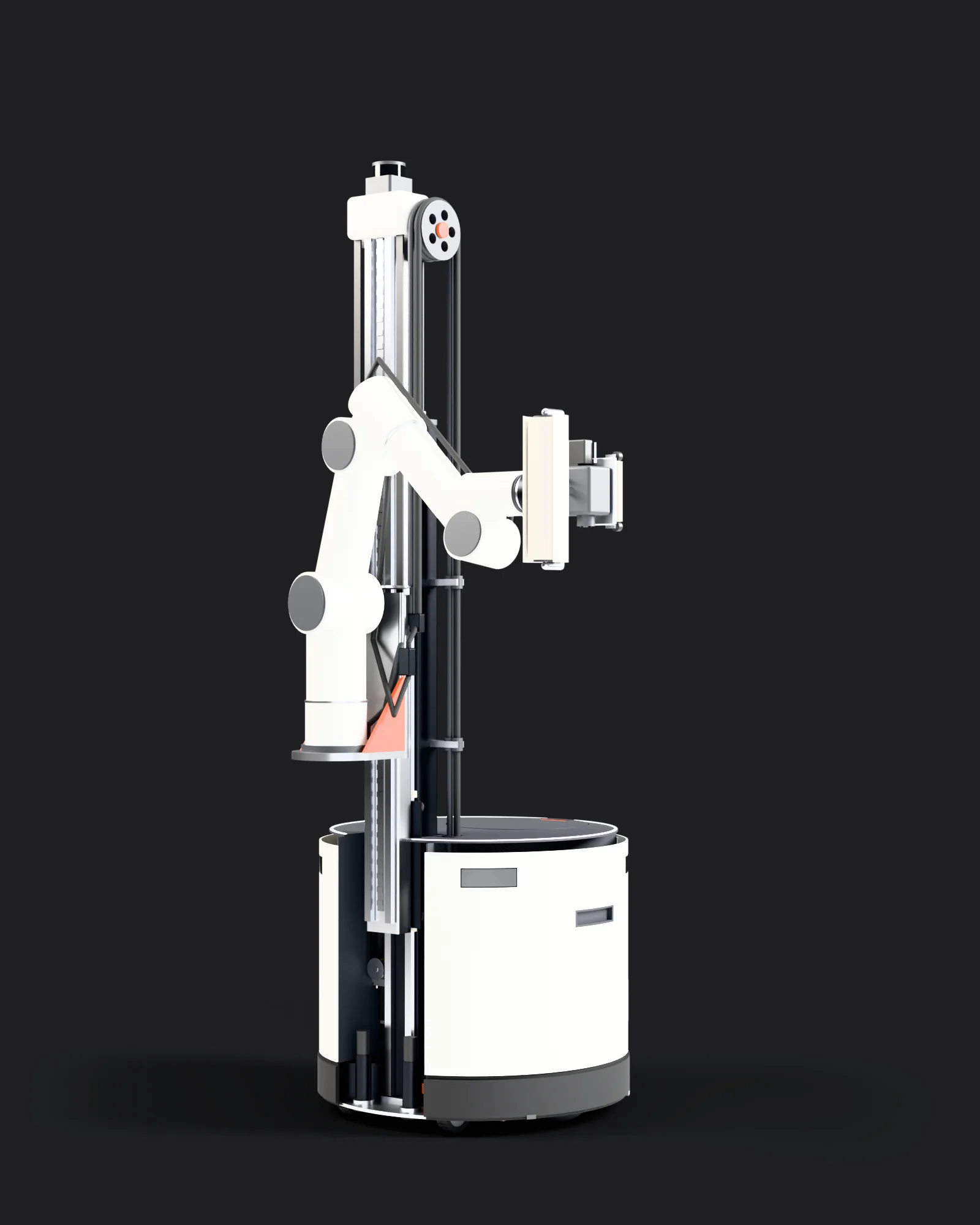 CAD rendering of P2: a round white base with a black deck, an aluminum two stage mast, a white six axis arm reaching out to the side, and a paint roller tool on its wrist.