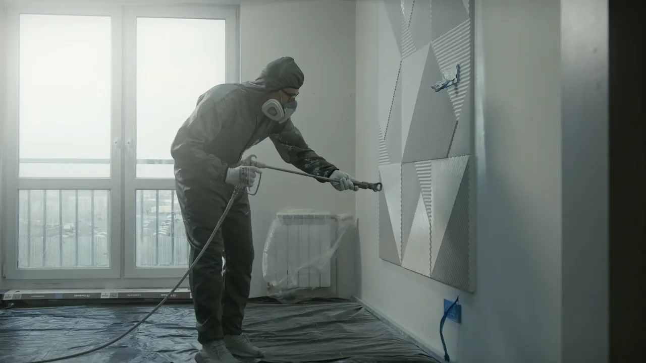 Stock footage of a painter in a protective suit and respirator spraying a wall in an empty room with plastic on the floor, then a painter in a respirator spraying beside a window covered in plastic.